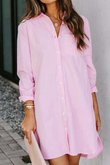Woochic mi-longue blouse robe coton boutonnage avec poches manches longues femme casual Rose S